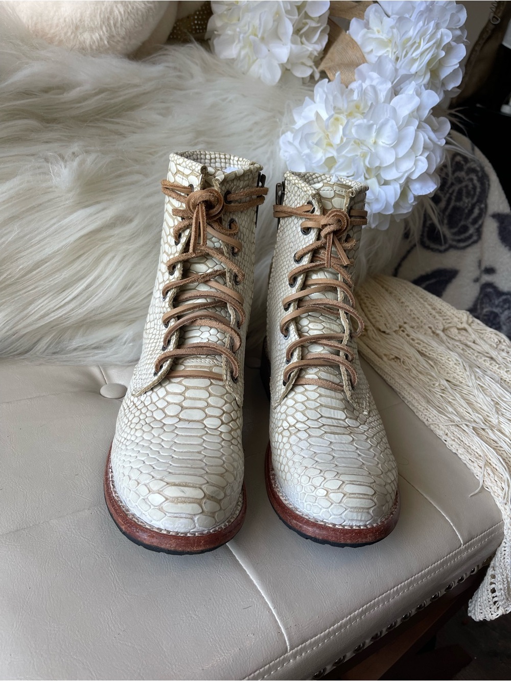 Freebird by Steven Manchester combat boots in White Snake Leather